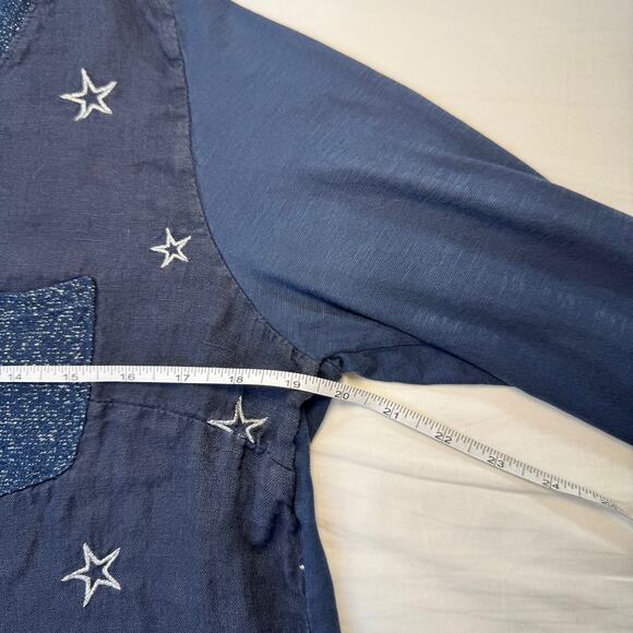 Tempo Paris Navy Star Cotton Linen Blend Blouse Women's Medium Celestial Boho - Picture 6 of 13
